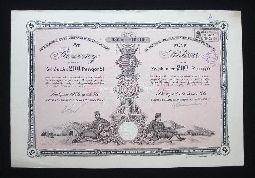 Magyar Általános Kõszénbánya részvény 5x200 pengõ 1926